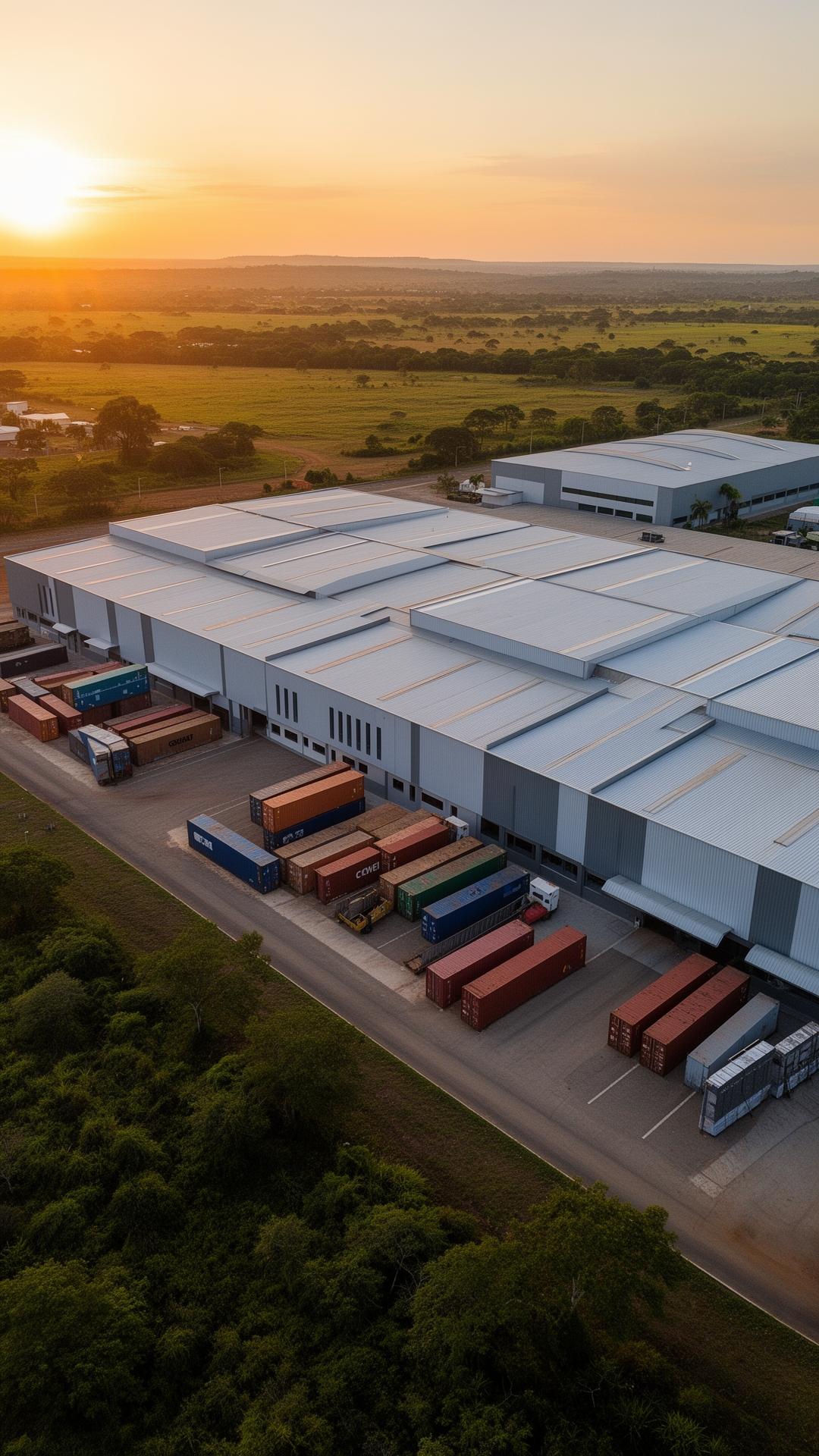 Vista aérea de uma planta industrial moderna no Paraguai com pátio de containers ao entardecer
