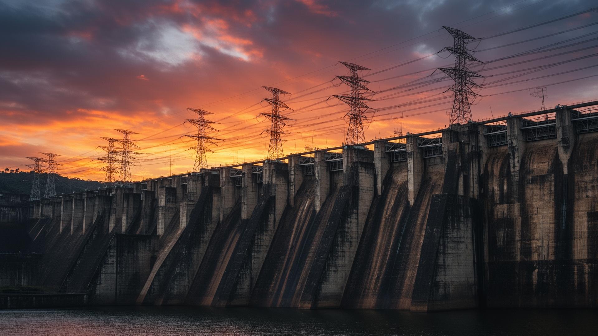Hidrelétrica de Itaipu ao entardecer com linhas de transmissão